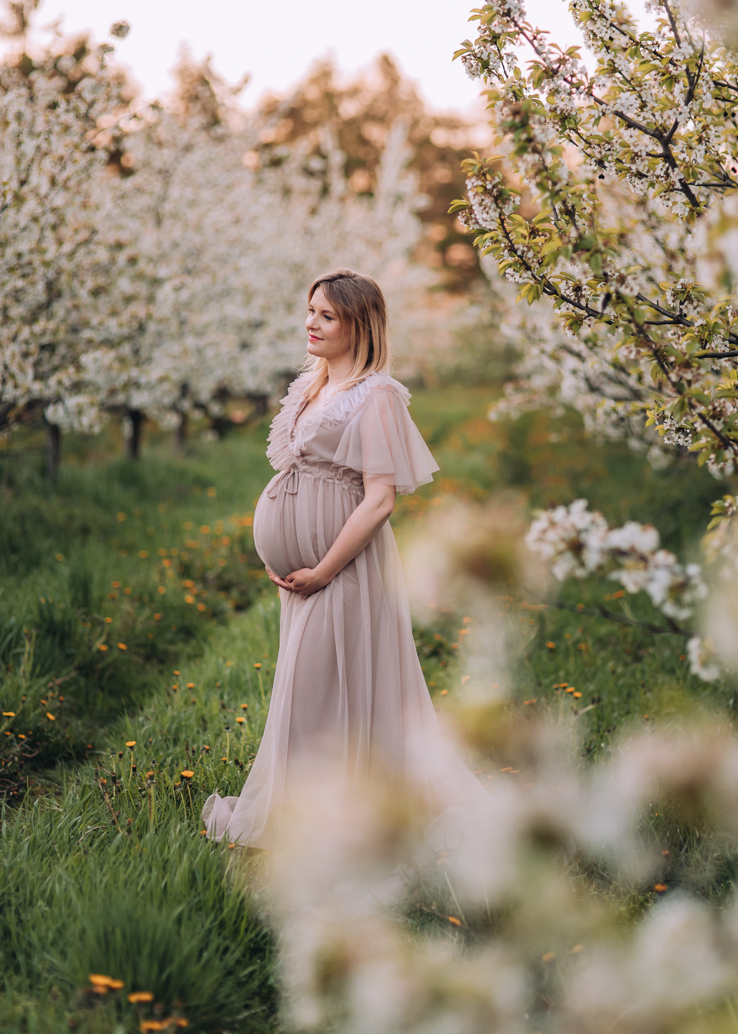 wiosenna sesja ciążowa brzuszkowa w kwitnącym sadzie warszawa wilanów konstancin piaseczno tarczyn